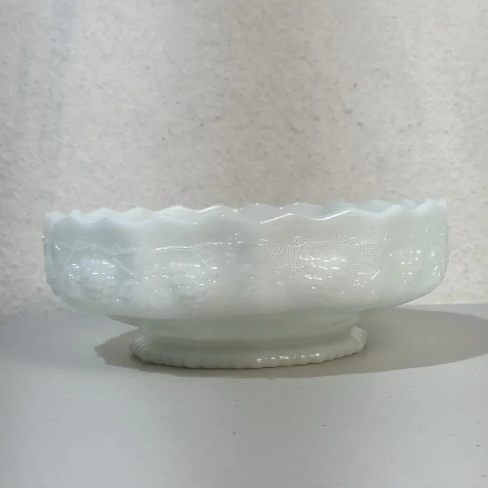 Anchor Hocking Fire King White Milk Glass Harvest Grapevine Footed Fruit Bowl
